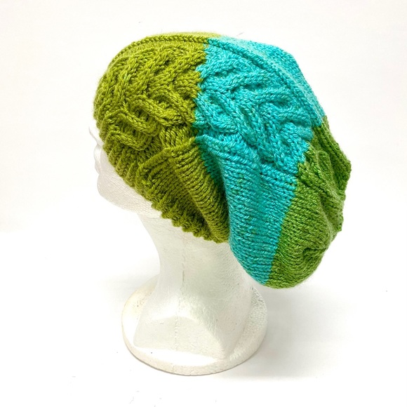 Hand Knit Striped Slouchy Beanie with Antler Cable Design One Size Fits Most - Picture 4 of 5